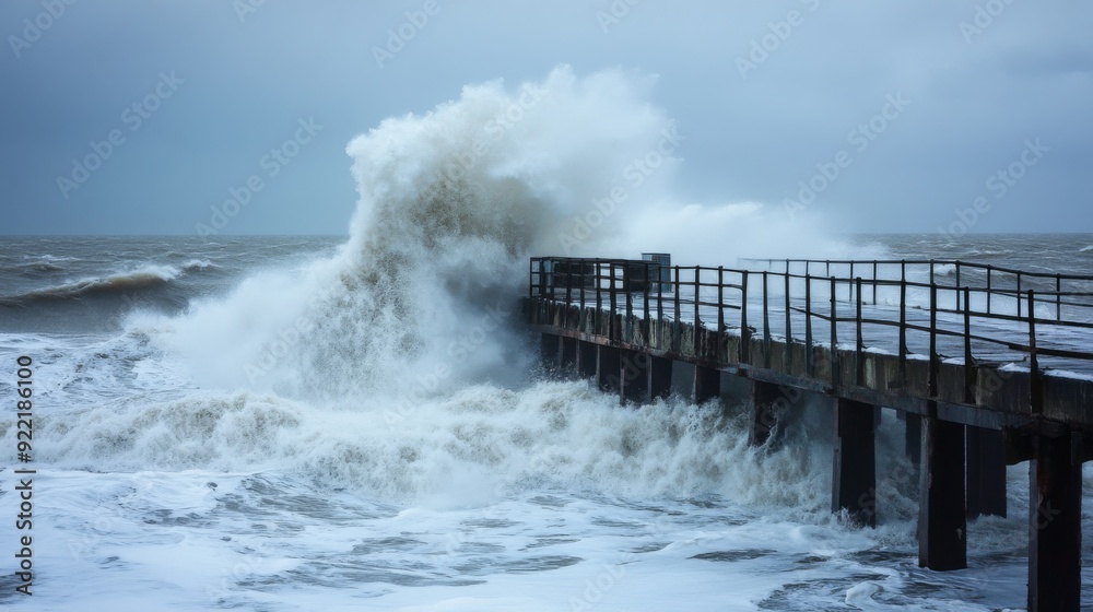 Poster a close-up of waves crashing over a storm-beaten pier, with splashing water and rugged structures il