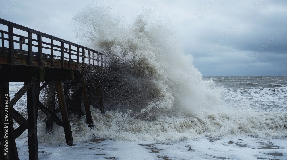 Poster a close-up of waves crashing over a storm-beaten pier, with splashing water and rugged structures il