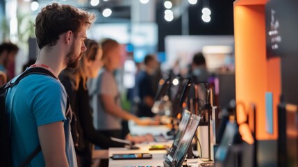 People interact with technology setups, exploring various products and exhibits in a lively trade show environment.