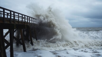 A close-up of waves crashing over a storm-beaten pier, with splashing water and rugged structures illustrating the impact of severe weather conditions.