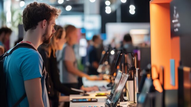 People interact with technology setups, exploring various products and exhibits in a lively trade show environment.