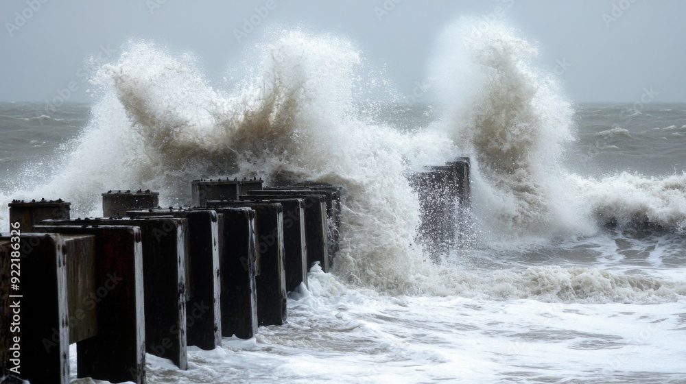 Poster a close-up of waves crashing over a storm-beaten pier, with splashing water and rugged structures il