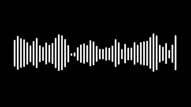 White audio waves motion on black. Sound waves or audio waveform. Voice and conversation recording, soundtrack and music video visualization. Audio waves spectrum and frequency.  Sound wave equalizer.