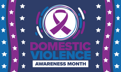 Domestic Violence Awareness Month in October. Celebrate annual in United States. Awareness purple ribbon. Day of Unity. Prevention campaign. Stop women abuse. Poster, banner and background. Vector