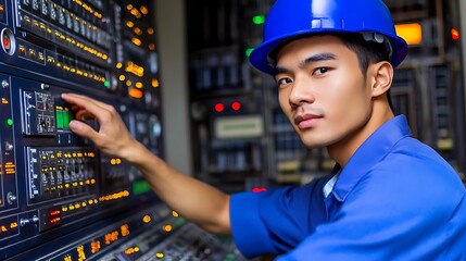 A focused young Asian male technician in a blue hard hat operates complex machinery in a control room, showcasing skill and determination in his work environment.