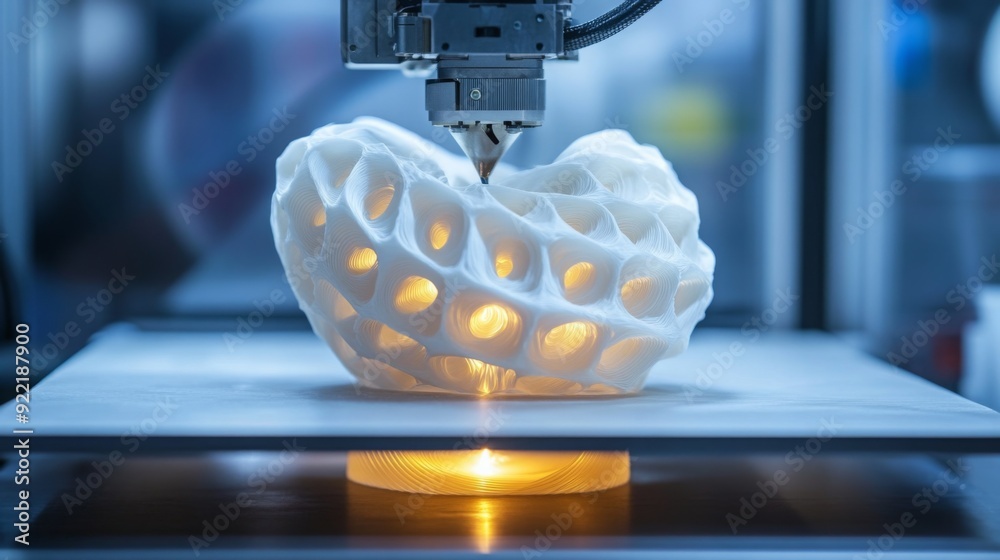Poster a 3d printer works on an intricate sculpture featuring a hollow design that glows from within, highl
