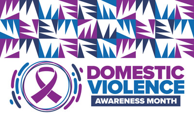 Domestic Violence Awareness Month in October. Celebrate annual in United States. Awareness purple ribbon. Day of Unity. Prevention campaign. Stop women abuse. Poster, banner and background. Vector