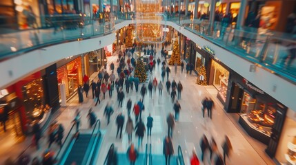 A blurred motion shot of a busy shopping mall, showcasing the rapid movement of people through its sleek, brightly lit interiors. This dynamic scene highlights the lively atmosphere.