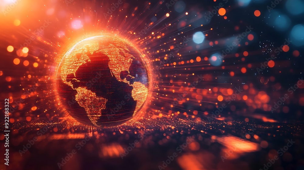 Poster illuminated digital globe with dynamic data streams representing global connectivity and innovation