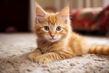 Portrait chaton roux adorable de face, allongé sur un tapis moelleux, capturé dans une ambiance chaleureuse d'intérieur, idéal pour les amoureux des animaux et de la douceur féline