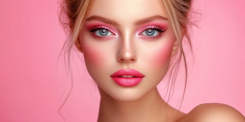 Fototapeta premium Radiant beauty portrait with vibrant makeup on pink background