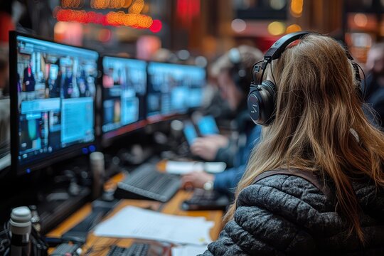 bustling newsroom with multiple screens journalists at work warm lighting papers scattered sense of urgency and energy