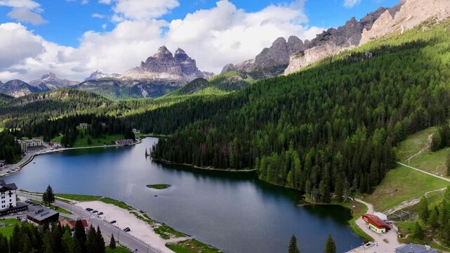 Aerial view Cadini di Misurina mountain group in Dolomites, Italy, part of Tre Cime di Levaredo national park