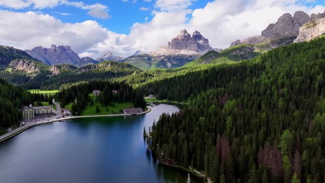 Aerial view Cadini di Misurina mountain group in Dolomites, Italy, part of Tre Cime di Levaredo national park