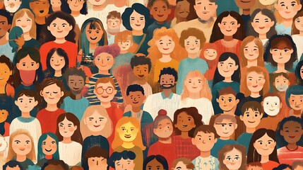 Colorful illustration of a diverse group of people of various ages and ethnicities, showcasing a sense of community and togetherness.
