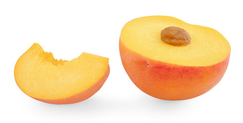Ripe red peaches with juicy peach slice or wedge isolated on white background.