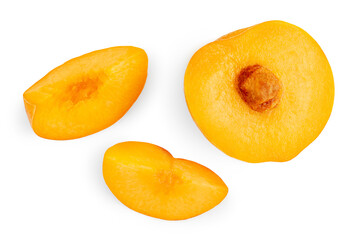 Ripe red peaches with juicy peach slice or wedge isolated on white background. Top view. Flat lay