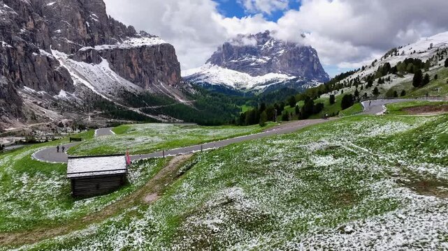 Aerial view of Alpe di Siusi with Sassolungo, Dolomites, Italy