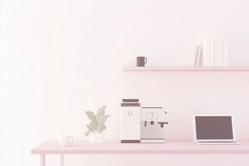 Minimalist Home Office Setup With a Computer and Coffee Machine in Soft Pastel Colors