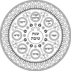 Obraz premium Rosh Hashanah black linear dish plate illustration with hebrew titles Apple in honey;fish head;date;