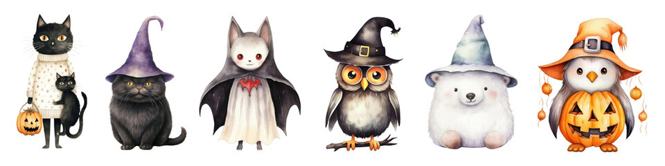 Fototapeta premium Watercolor animal halloween character png cut out element set