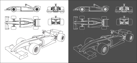 Selbstklebende Fototapeten F1 set of formula 1 car. F1  line art draw blueprint wireframe from all side view. isolated on transparent background   © WINDERFULL STUDIO