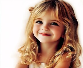 Naklejka premium Young girl with curly blonde hair smiles brightly against a soft white background