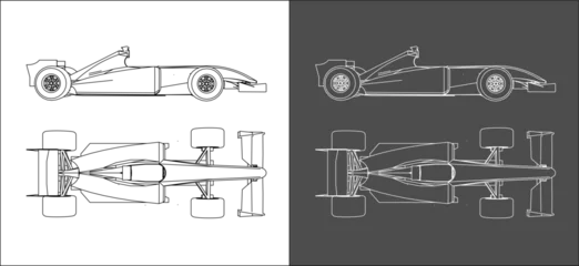 Fotobehang F1 Top and side view of f1 formula 1 . racing car line art draw blueprint wireframe. isolated on transparent background  © WINDERFULL STUDIO