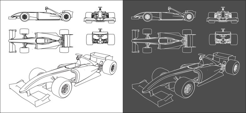 set of formula 1 car. F1  line art draw blueprint wireframe from all side view. isolated on transparent background 