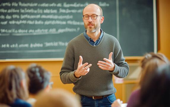 A balding, bespectacled professor in his late thirties, sporting a short beard and casual attire, commands a classroom's attention. 