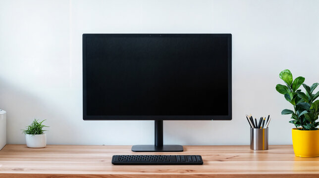 Minimalist workspace with a modern desktop computer, wooden desk, and indoor plants creating a clean and organized work environment with natural decor elements.