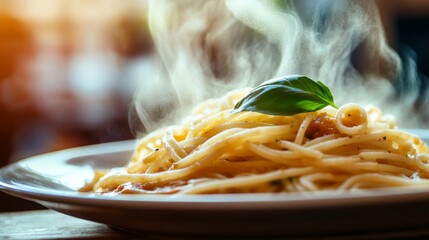 A detailed shot of a plate of freshly cooked pasta with sauce, steam gently wafting up from the dish, highlighting the warmth and inviting aroma of the meal.