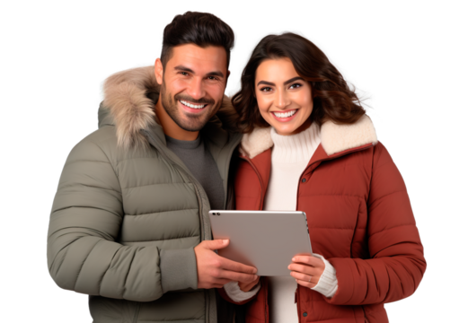 Latin American young couple using digital tablet and wearing winter clothes - Powered by Adobe