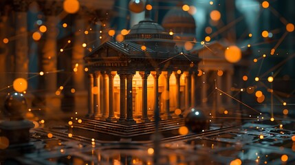 Obraz premium Illuminated Architectural Model of a Classic Building Surrounded by a Digital Network