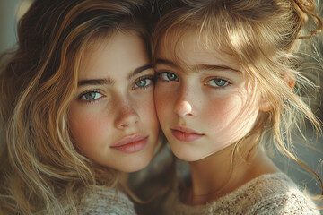 Obraz premium A close-up image of a mother and daughter gently touching foreheads, capturing a moment of love and connection. The soft, natural light enhances the warmth and intimacy of the home environment.