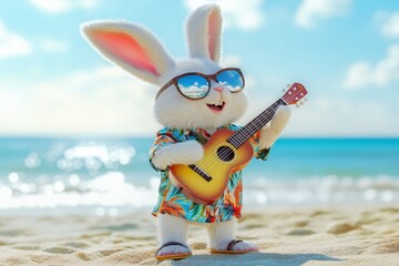 A cheerful rabbit with sunglasses strums a guitar on a sandy beach, enjoying the sunny atmosphere and ocean waves