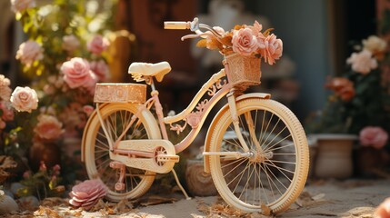 Bicycle with flowers in a straw basket near the wall of a beautiful house sunny day.