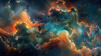 Obraz premium A vibrant cosmic landscape showcasing swirling clouds of gas and stars in mesmerizing colors of orange, blue, and black.