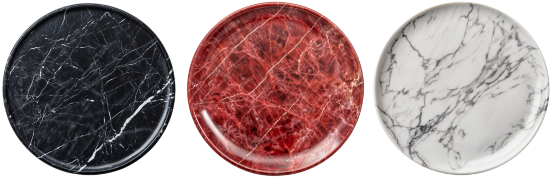 Set of Three Elegant Marble Plates in Black, Red, and White, Top Down View - Isolated on Transparent Background