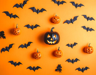 Halloween themed decorations against an orange background. Black carved pumpkin in the middle surrounded by smaller orange pumpkins and numerous black bats.
