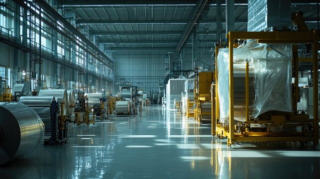 Factory floor with plastic film compression equipment, bathed in bright light, capturing the essence of industrial production and innovation.