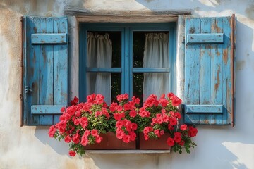 charming mediterranean window with weathered blue shutters and vibrant red geraniums sunlight casts intricate shadows on the textured white stucco wall creating a picturesque scene