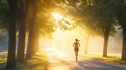 Fototapeta premium A fit young woman jogging along a tree-lined path in the early morning, with sunlight filtering through the leaves, symbolizing health and vitality