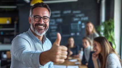 A CEO or Business manager giving a thumbs up, Congratulation concept with employee in a modern office, Happy teamwork members around, emphasizing positive feedback and encouragement.