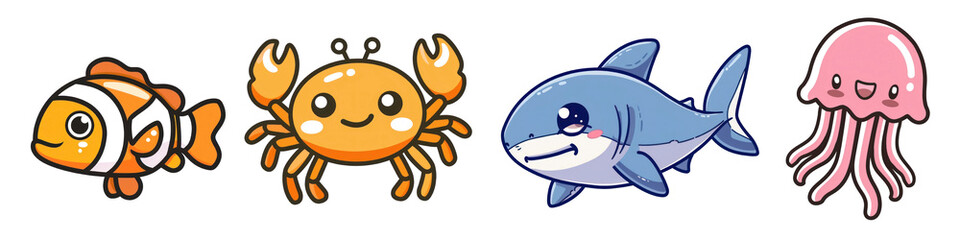 Marine life png cut out element set