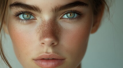 Fototapeta premium A detailed shot of a young woman face with light makeup, highlighting her clear skin and the delicate features of her eyes and lips against a neutral background.