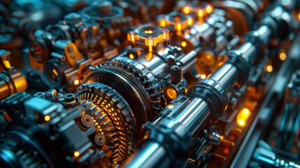 A close-up view of a high-performance car engine, with intricate parts and metallic components glistening under bright workshop lights, showcasing the complexity and precision of automotive