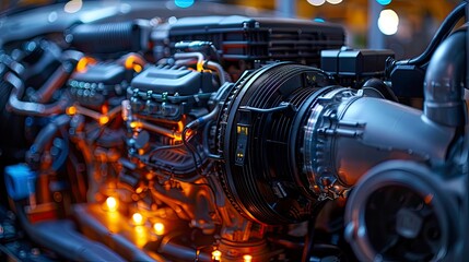 Obraz premium A hybrid engine showcasing both electric and gasoline components, representing the advancement in sustainable and eco-friendly automotive technologies.