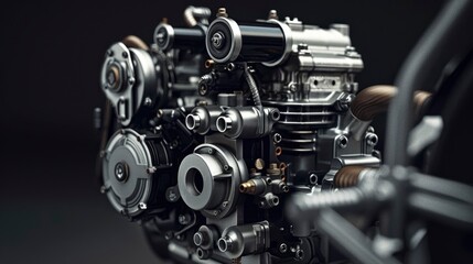 Fototapeta premium A compact motorcycle engine with exposed parts and a sleek design, highlighting the engineering prowess in creating powerful yet lightweight engines.