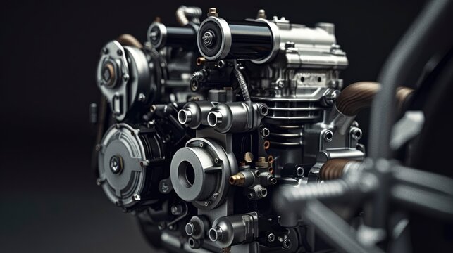 A compact motorcycle engine with exposed parts and a sleek design, highlighting the engineering prowess in creating powerful yet lightweight engines.